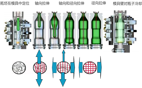 PET瓶的吹制過程中的機(jī)械拉伸動作分解