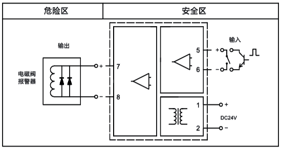 獨(dú)立供電，一入一出，開關(guān)量輸出隔離式安全柵接線圖